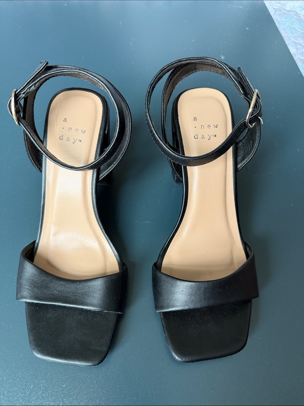 a new day Black Square Toe Ankle Strap Block Heels